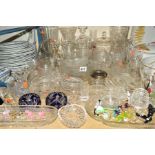 A COLLECTION OF GLASSWARE, mostly cut glass including silver topped cut glass dressing table pot,