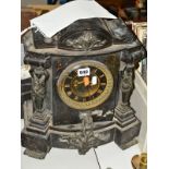 A SLATE MANTLE CLOCK (some restoration required), having carved pillars in the form of Greek