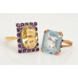 TWO DRESS RINGS, a synthetic blue spinel large dress ring, ring size L 1/2, stamped '9ct', a citrine