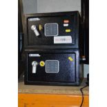 A PAIR OF SMALL BLACK YALE DIGITAL SAFES (one safe has no override key) (one key) (2)