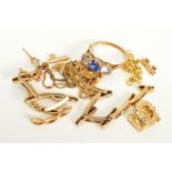 A 9CT GOLD RING AND A SELECTION OF BROKEN JEWELLERY, the ring designed as a central circular blue