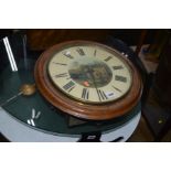 A LATE 19TH CENTURY CIRCULAR OAK SINGLE FUSEE WALL CLOCK, painted dial with painted woodland scene