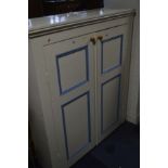 A VICTORIAN PAINTED PINE TWO DOOR CUPBOARD, width 124cm x depth 33cm x height 148cm