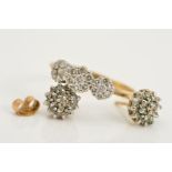 A PAIR OF 9CT GOLD DIAMOND CLUSTER STUD EARRINGS AND A DIAMOND RING, each earring designed as a