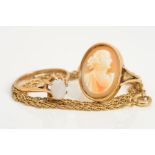 THREE ITEMS OF JEWELLERY TO INCLUDE, a gold cameo ring, ring size approximately L, an opal single