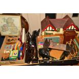 TWO BOXES AND LOOSE SUNDRY ITEMS, to include various chess sets (Staunton style etc), Dolls house,