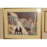 A LIMITED EDITION SILKSCREEN PRINT OF TWO FIGURES BEFORE A BRIDGE, numbered 75 from an edition of