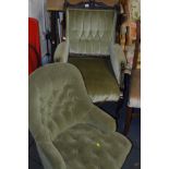 AN EDWARDIAN MAHOGANY UPHOLSTERED WINGED ARMCHAIR, together with a buttoned bedroom chair (2)