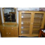 A LIGHT OAK GLAZED TWO DOOR BOOKCASE, width 140cm x depth 43cm x height 161cm, together with a