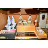 A GROUP OF BOXED MODERN ORIENTAL ITEMS, to include metal vase, height 24.5cm, sake sets, chopsticks,