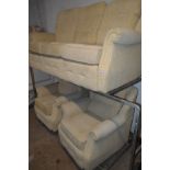 A G PLAN OATMEAL UPHOLSTERED THREE PIECE LOUNGE SUITE comprising of a three seater settee and two