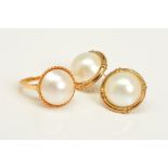 A PAIR OF MABE PEARL EARRINGS AND A RING, the earrings designed as half round cultured pearls within