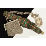 THREE ITEMS, to include a Chinese panel bracelet set with coral and malachite circular cabochons,