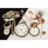 A SELECTION OF JEWELLERY, to include two pocket watches (af), an oval horse locket, four rings, a