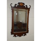 A 19TH CENTURY MAHOGANY FRETWORK BEVELLED EDGE WALL MIRROR, with shell inlay, together with two