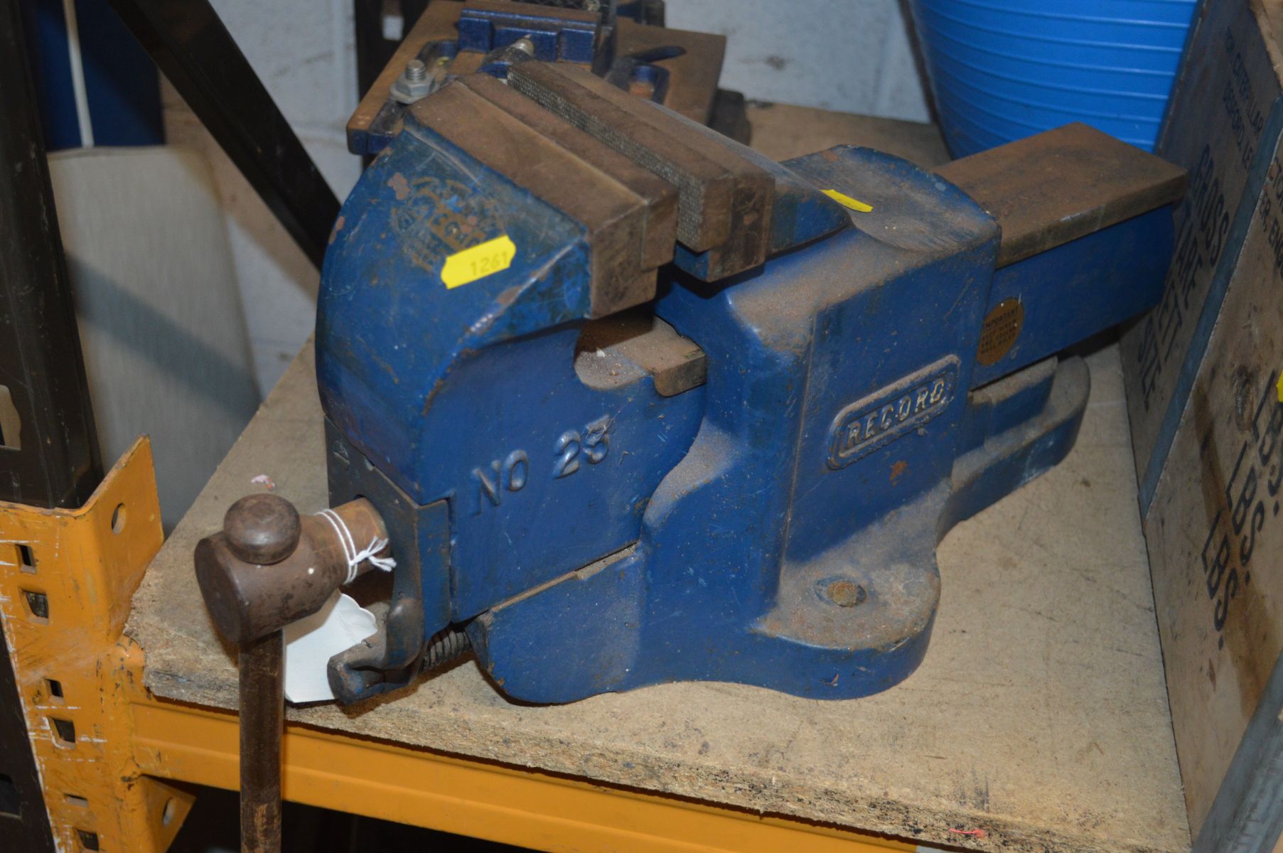 A RECORD NO 23 VICE together with a tub of various hand tools, inc spanners, planers and