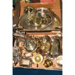TWO BOXES OF METALWARES, to include a late Victorian four piece electro plated tea and coffee set, a