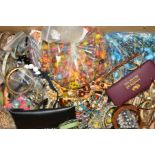 A BOX OF COSTUME JEWELLERY AND GLASSES, to include loose beads, necklaces, bangles etc, together