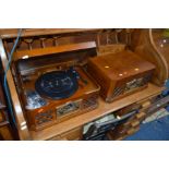 TWO ZENNOX RETRO MUSIC PLAYERS with turntable, CD player, radio and auxiliary input both in an oak