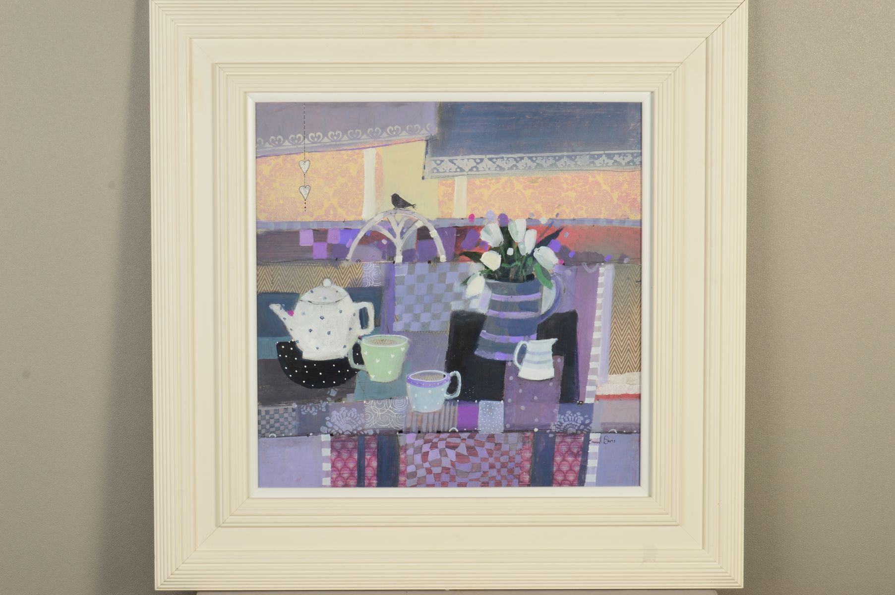 EMMA S DAVIS (SCOTTISH 1975) 'HEARTS AND TULIPS' a still life table setting, signed lower right,