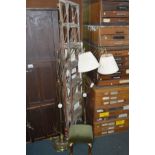 A PAIR OF MODERN BRASS STANDARD LAMPS, together with a pine step ladder and a stool (4)
