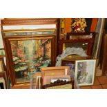 PAINTING, PRINTS AND MIRRORS ETC, to include an oriental street scene circa 1970's, indistinctly