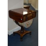 A VICTORIAN FLAME MAHOGANY DROP LEAF WORK TABLE, with two drawers, wool box, on a U shaped and
