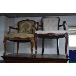 TWO MODERN FRENCH STYLE ELBOW CHAIRS one with tapestry upholstery the other with cream regency