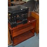 A MODERN MAHOGANY OPEN BOOKCASE together with a black ground nest of three tables (2)