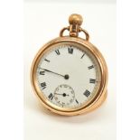 A 1920'S 9CT OPEN FACED POCKET WATCH, white Roman numeral dial, subsidiary seconds dial, engraving