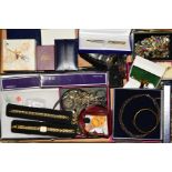 A BOX OF COSTUME JEWELLERY, to include a Swarovski flower brooch, with maker's case, a Waterman pen,