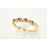 A 9CT GOLD RUBY AND DIAMOND RING, designed with a row of four circular cut rubies with single cut