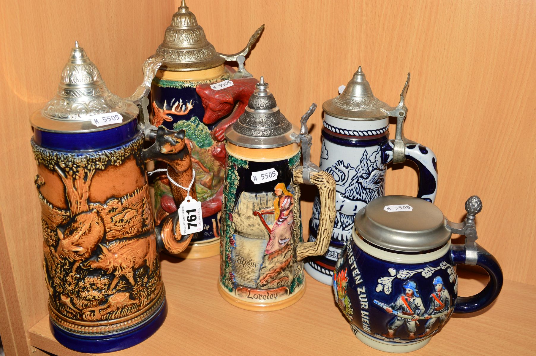 FIVE VARIOUS BEER STEINS, to include Gerz, Germany fox handled stein, approximate height 28cm,