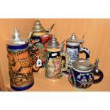 FIVE VARIOUS BEER STEINS, to include Gerz, Germany fox handled stein, approximate height 28cm,