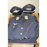 THREE UNIFORM JACKETS IN THE STYLE OF WWII GERMAN LUFTWAFFE WITH HEADGEAR AS FOLLOWS (a) Uniform