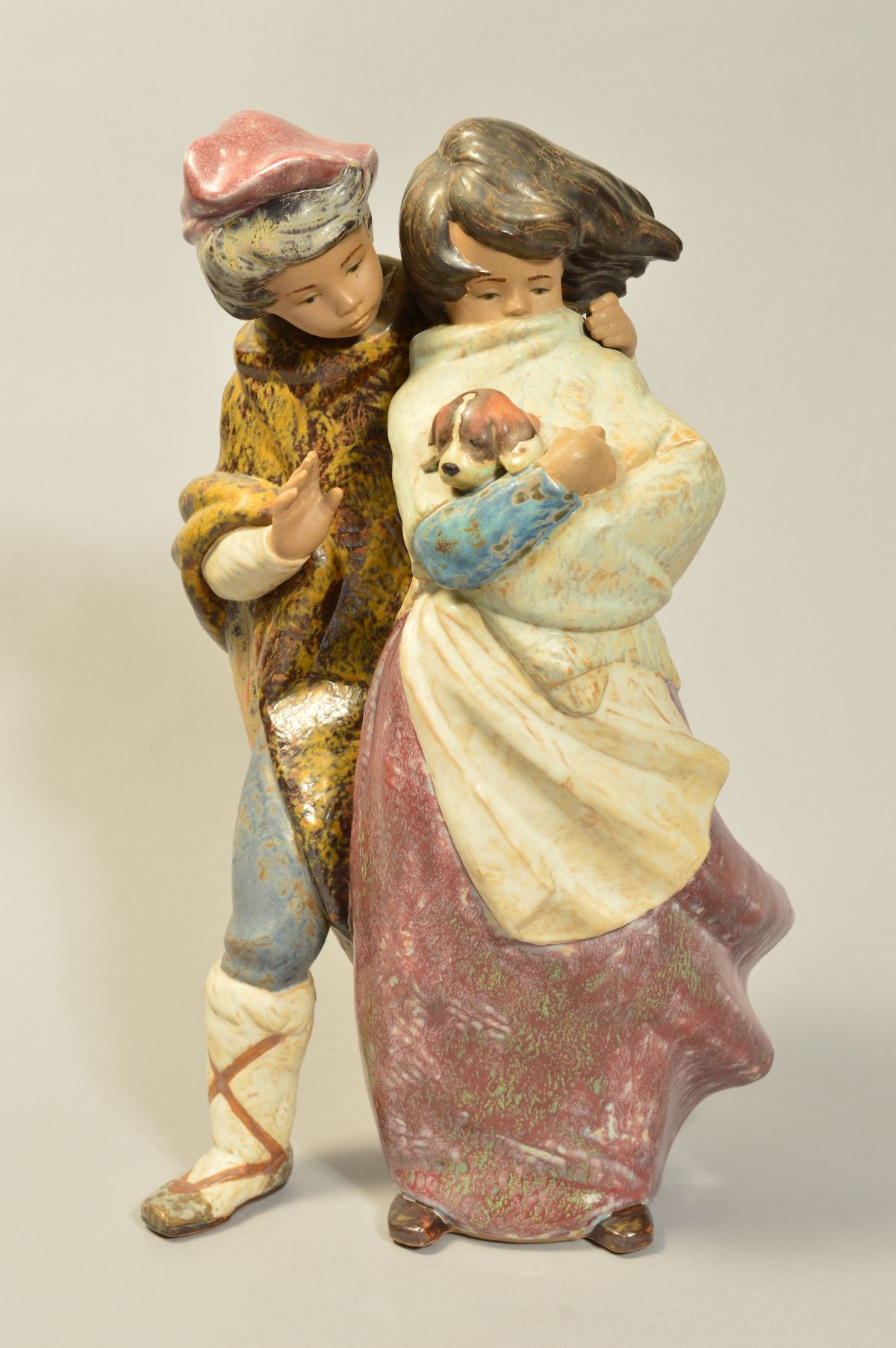 A LLADRO GRES FIGURE GROUP, 'facing The Wind' No1279, (01011279), issue year 1974, designed by