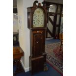 A GEORGIAN III FLAME MAHOGANY BANDED AND SATINWOOD INLAID EIGHT DAY LONGCASE CLOCK, the hood with