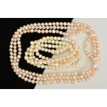 TWO LONG FRESHWATER CULTURED PEARL NECKLACES, the first designed with near uniform white and dyed