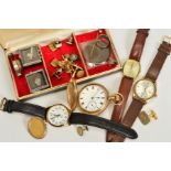 A SMALL BOX OF WATCHES AND JEWELLERY, to include a gold plated Elgin pocket watch, Timex, Lorus