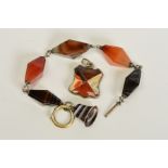 A LATE 19TH CENTURY PART AGATE BRACELET AND FOB, designed as octahedral agate links making up part