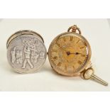 AN EARLY 20TH CENTURY GOLD POCKET WATCH AND A PILL BOX, the open face pocket watch with black