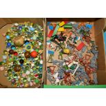 A BOX OF VARIOUS MARBLES, together with a quantity of assorted playworn plastic soldier and other