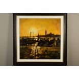 STEPHEN COLLETT (BRITISH CONTEMPORARY) 'VENICE V', an impressionist view of gondolas at sunrise,