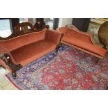 A LATE 19TH CENTURY MAHOGANY TWO SEATER SETTEE, width 199cm together with a similar pitch pine