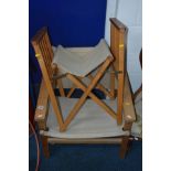 A MID 20TH CENTURY BEECH AND FABRIC ARMCHAIR together with a folding beech directors chair (2)