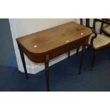 A GEORGIAN MAHOGANY, BOXWOOD AND EBONY STRUNG FOLD OVER CARD TABLE, blue baize interior on four