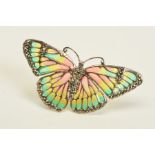 A PLIQUE-A-JOUR AND MARCASITE BUTTERFLY BROOCH, the red, yellow and green plique-a-jour wings to the