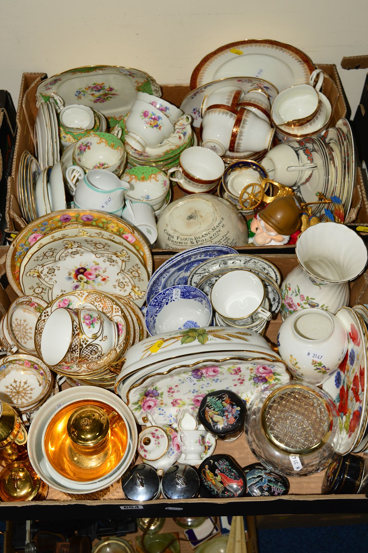 TWO BOXES OF CERAMICS AND GLASSWARE, to include various part teasets (Paragon, Duchess, Spode, Crown