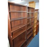 A PAIR OF MODERN MAHOGANY STANDING OPEN BOOKCASE with thirteen adjustable shelves, width 83cm x