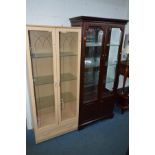 A MODERN MAHOGANY GLAZED DOUBLE DOOR DISPLAY CABINET, width 92cm x depth 41cm x height 196cm